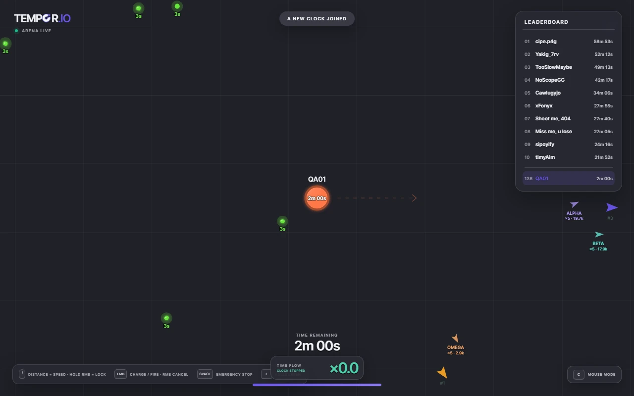 TEMPOR.IO desktop arena showing a player clock, time pickups, anomaly pointers, leaderboard, and movement HUD