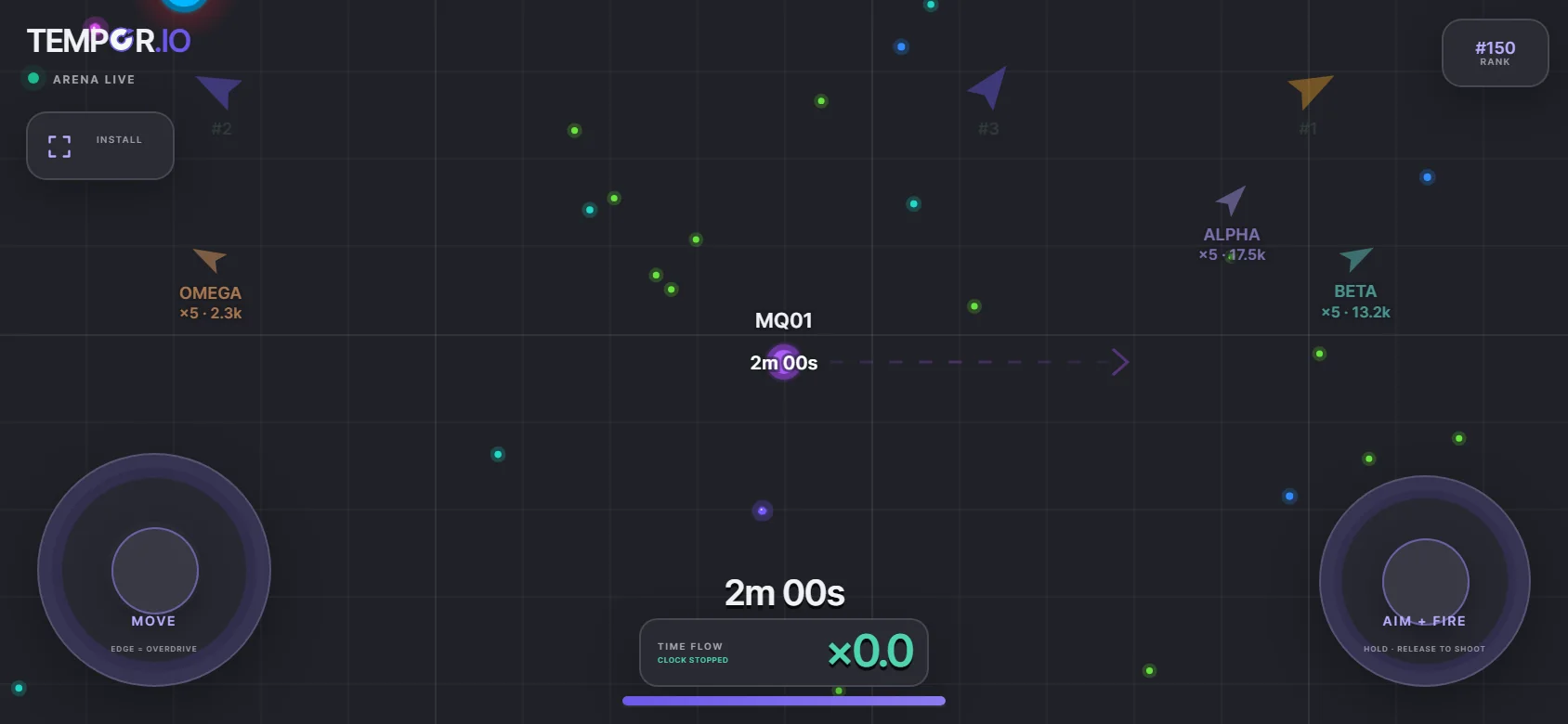 TEMPOR.IO mobile landscape arena with movement and combined aim-and-fire touch sticks