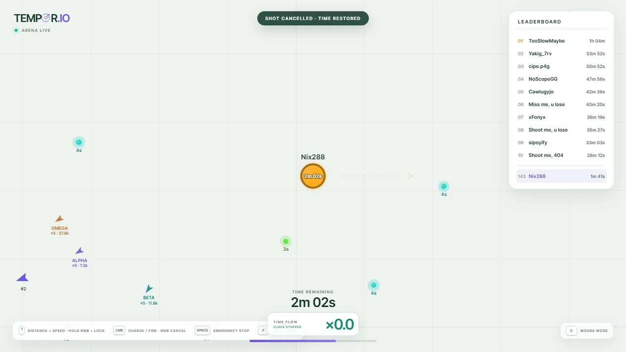 TEMPOR.IO desktop arena immediately after a charged shot was cancelled and its reserved time restored